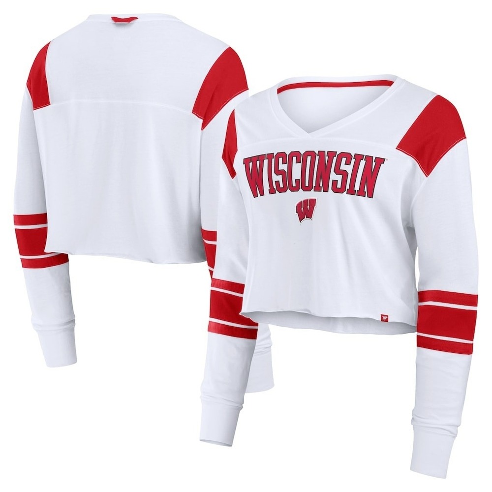 Fanatics Wisconsin Badgers Women's XL White Cropped Long Sleeve V-Neck T-Shirt